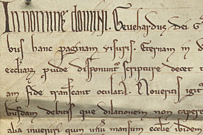 Abbildung Anfangszeilen einer Urkunde des Abts zu Nienburg („Gevehardus“) von 1206 (Z 1, Nr. 84b). Mit Klick zur Ansicht im Viewer gelangen. 