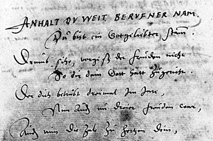 Z 6, Anhalt. F. Joachim Ernst Nr. 282: Anlässlich der Geburt Bernhards (VIII.) von Anhalt 1571 gedichtete Zeilen. Mit Klick zum Digitalisat im Viewer springen. 