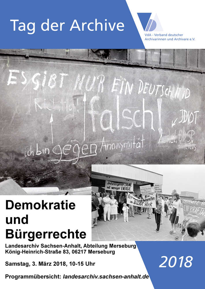 Plakat zum Tag der Archive 2018 am Standort Merseburg. Klicken zum Vergrößern. Abbildung Plakat zum Tag der Archive 2018 am Standort Merseburg. Klicken zum Vergrößern.
