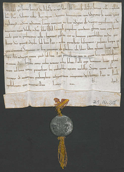 Abbildung einer Urkunde. Papst Innocenz II. nimmt die Gräfin Eilika in seinen besonderen Schutz (1141). Mit Klick zum Digitalisat im Viewer gelangen.