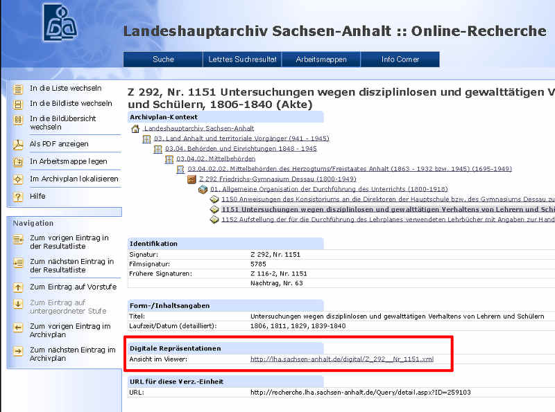 Screenshot der Online-Recherche mit Markierung des Links zum Viewer