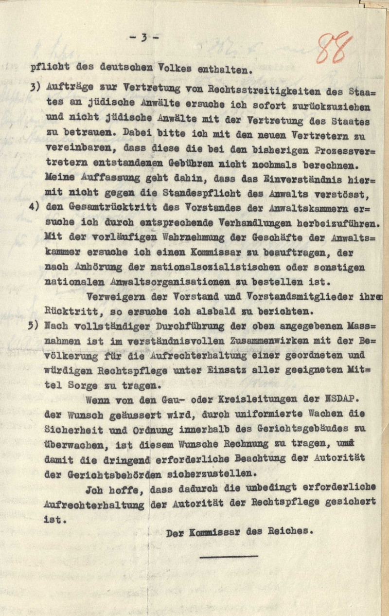 Seite 3 der Abschrift des Erlasses des Reichskommissars für das Preußische Justizministerium vom 31. März 1933 (LASA, C 128 Halberstadt, Nr. 220, Bl. 88)