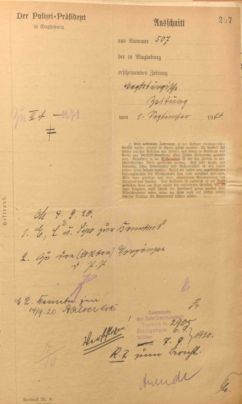 Artikel in der Magdeburgischen Zeitung vom 1. September 1920 (LASA, C 29, Nr. 150, Bl. 207)