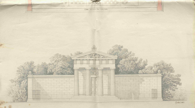 Abbildung Entwurf aus dem Jahre 1822 von Karl Friedrich Schinkel für ein Mausoleum für die verstorbene 22-jährige Tochter Agnes des Generalfeldmarschalls Graf Neithardt von Gneisenau in Erdmannsdorf (Schlesien) (LASA, H 216, Nr. 1313, Bl. 48 [Ausschnit