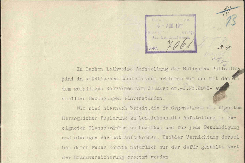 Liste gewünschter Exponate aus der Lehrmittelsammlung des Dessauer Philanthropins vom 28. Juli 1911.