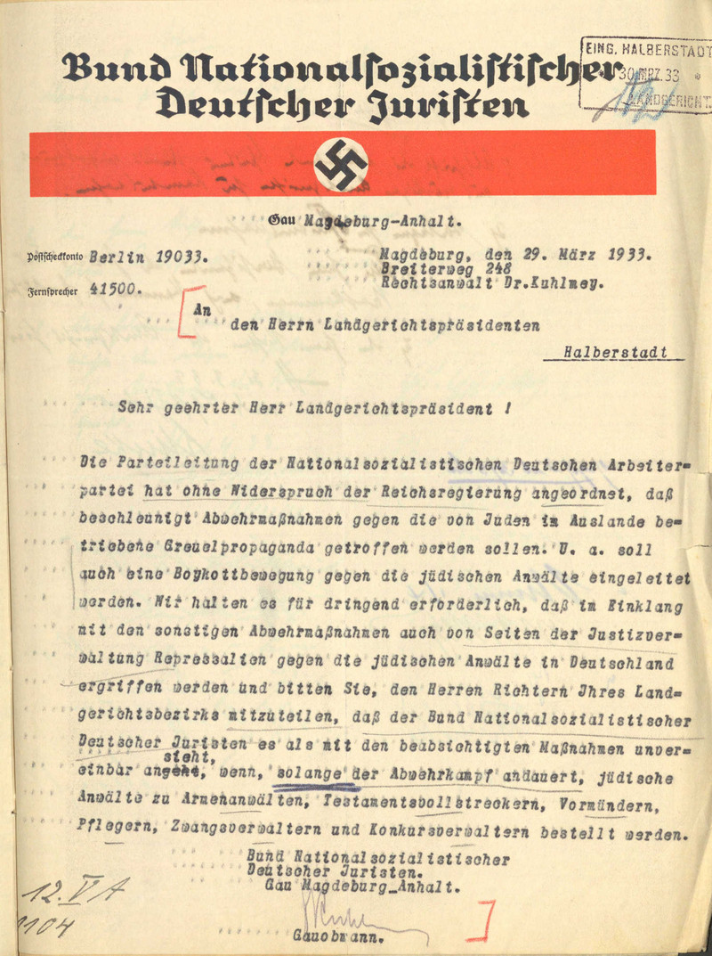 Schreiben des Bundes Nationalsozialistischer Deutscher Juristen, Gau Magdeburg/Anhalt, vom 29. März 1933 im Vorgriff auf den Erlass des Reichskommissars für das Preußische Justizministerium vom 31. März 1933 (LASA, C 128 Halberstadt, Nr. 223, Bl. 12)