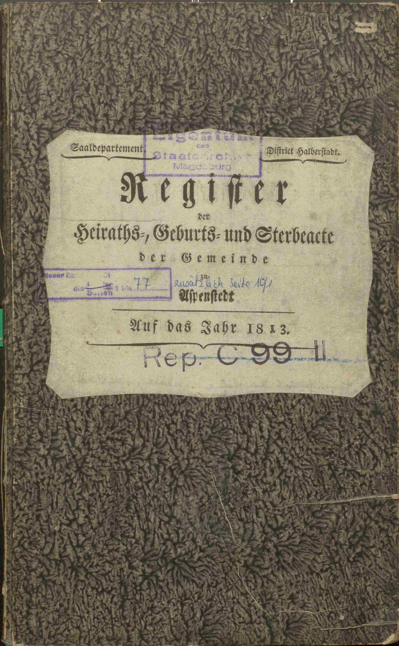 Zivilstandsregister Deckblatt (LASA, C 131, Aspenstedt)