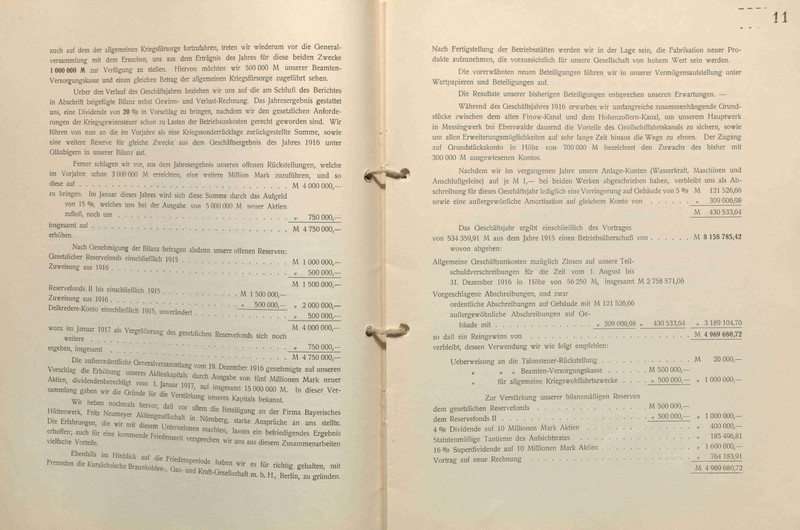 Geschäftsbericht der Hirsch, Kupfer- und Messingwerke AG in Berlin (Zweigniederlassungen in Halberstadt und Messingwerk bei Eberswalde) für das Geschäftsjahr 1916 (LASA, I 21, Nr. 4, Bl. 10 RS – 11 VS)