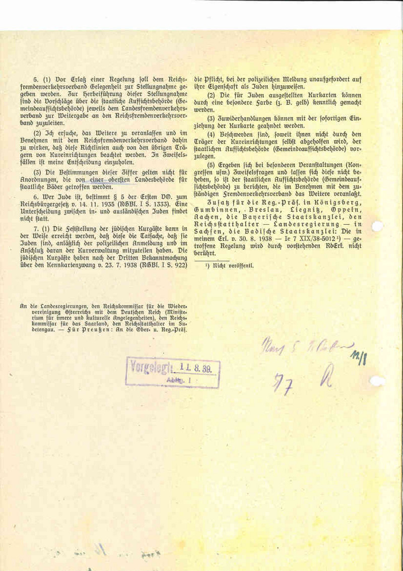 Runderlass des Reichs- und Preußischen Ministers des Innern betreffend „Jüdische Kurgäste in Bädern und Kurorten“ vom 16. Juni 1939 (LASA, C 50 Zeitz B, Nr. 273, Bl. 10 RS).