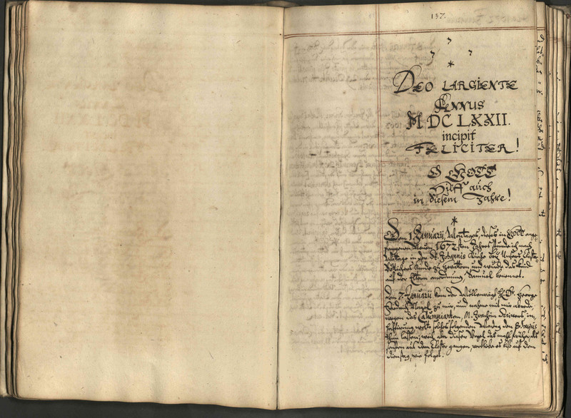 Eintrag zum Neujahrstag im Diarium von Samuel Closius, Propst des Klosters Unser Lieben Frauen zu Magdeburg, von 1672 (LASA, A 4f, Nr. 59, Bl. 137)