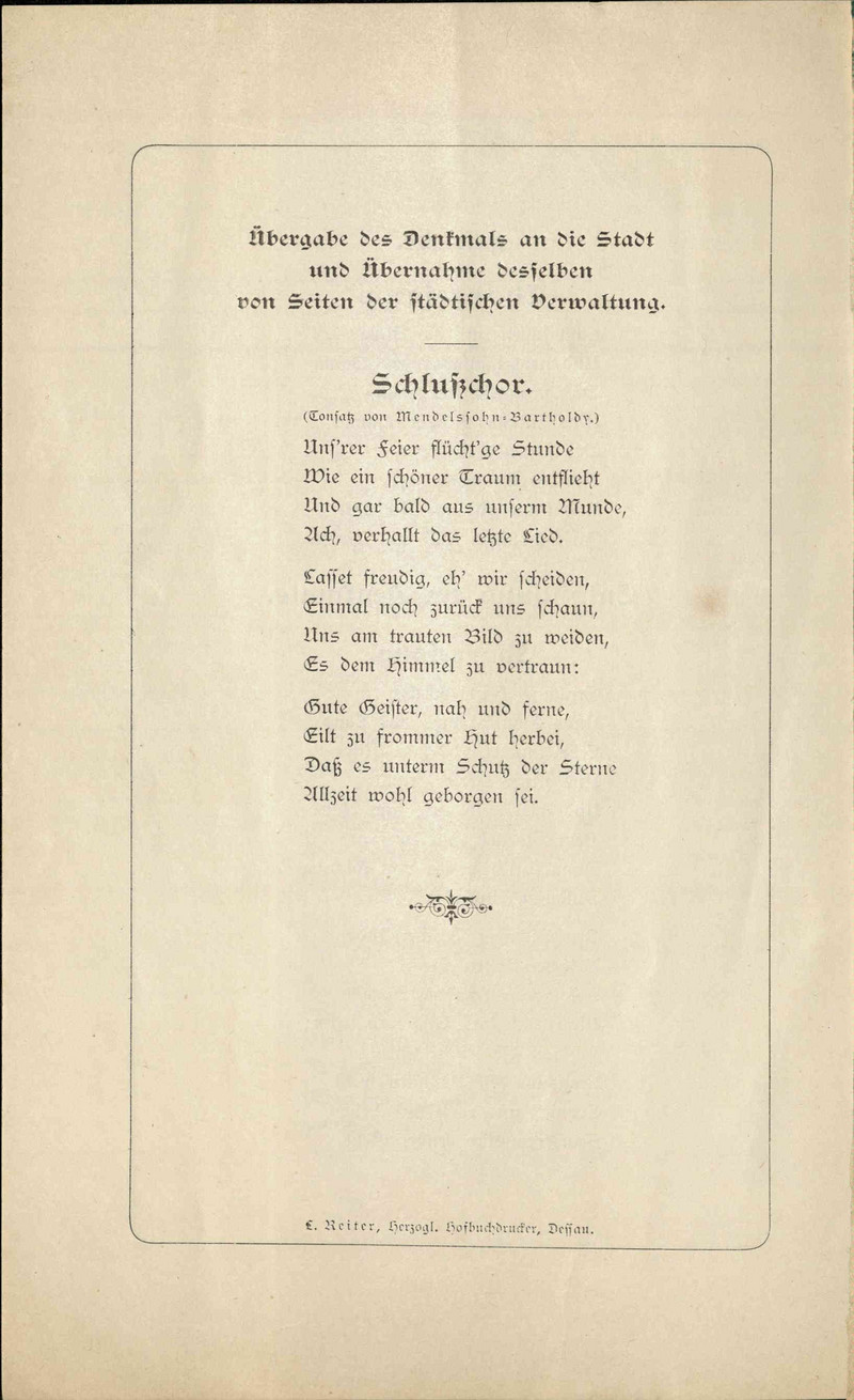 Programm der Feier der Enthüllung des Moses Mendelssohn-Denkmals am 18. Juni 1890 in Dessau (LASA, E 122, Nr. 8, Bl. 14 RS)