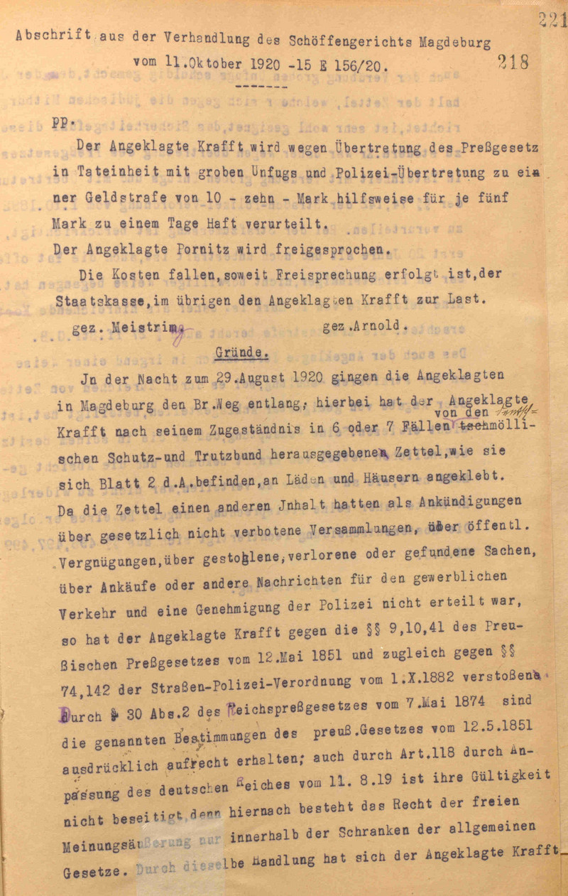 Seite 1 der Abschrift des Urteils des Schöffengerichts Magdeburg vom 11. Oktober 1920 (LASA, C 29, Nr. 150, Bl. 218)