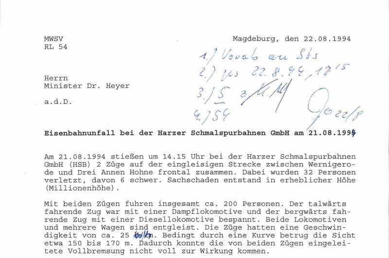 Vermerk für Minister Heyer vom 22.08.1994 zum Zugunglück der Harzquerbahn