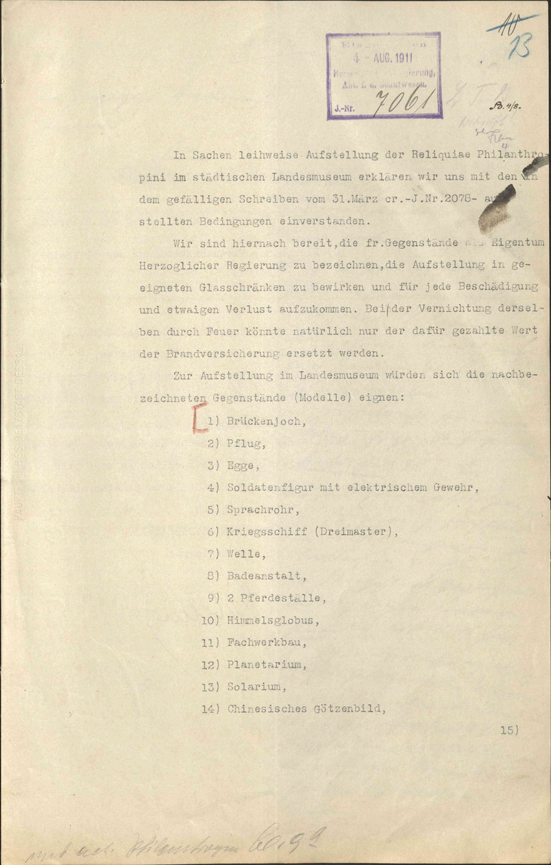 Liste gewünschter Exponate aus der Lehrmittelsammlung des Dessauer Philanthropins vom 28. Juli 1911.