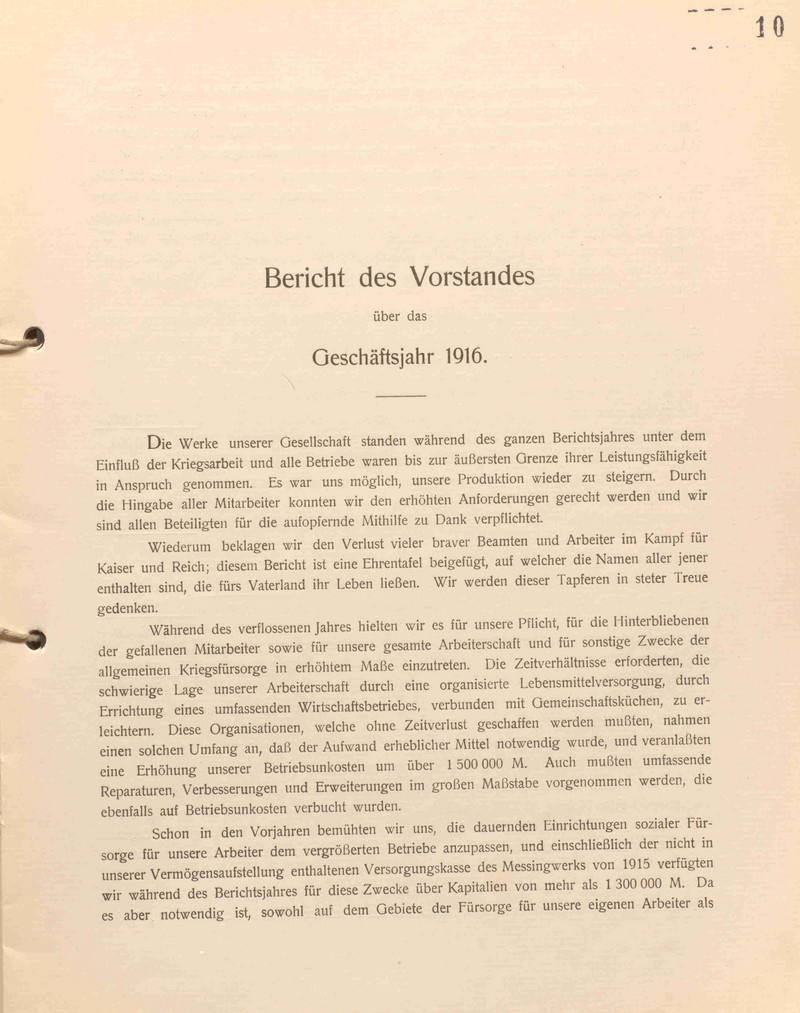 Geschäftsbericht der Hirsch, Kupfer- und Messingwerke AG in Berlin (Zweigniederlassungen in Halberstadt und Messingwerk bei Eberswalde) für das Geschäftsjahr 1916 (LASA, I 21, Nr. 4, Bl. 10 VS)
