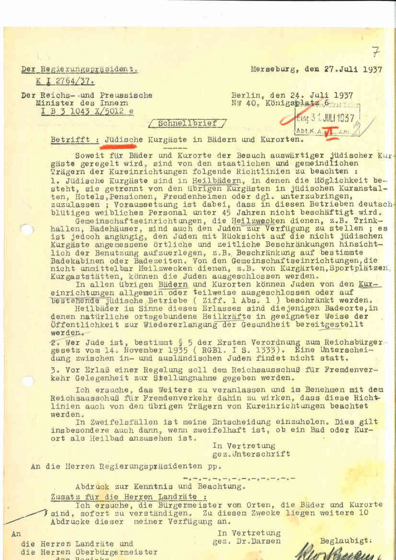 Runderlass des Reichs- und Preußischen Ministers des Innern betreffend „Jüdische Kurgäste in Bädern und Kurorten“ vom 24. Juli 1937 (LASA, C 50 Zeitz B, Nr. 273, Bl. 7 VS)