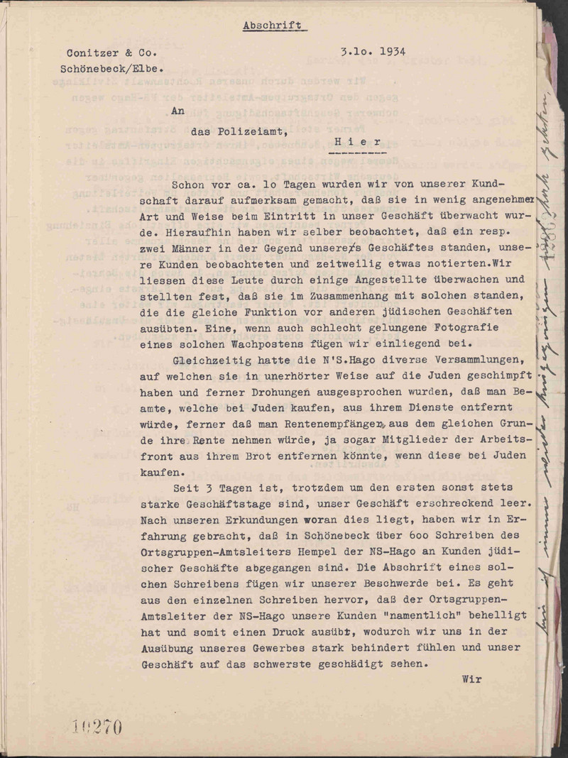 Beschwerde des Inhabers des Kaufhauses, Rudolf Aron Conitzer, gegen die Einschüchterungsversuche der NS-Hago Schönebeck (LASA, C 20 I, Ib Nr. 2678 Bd. 3)