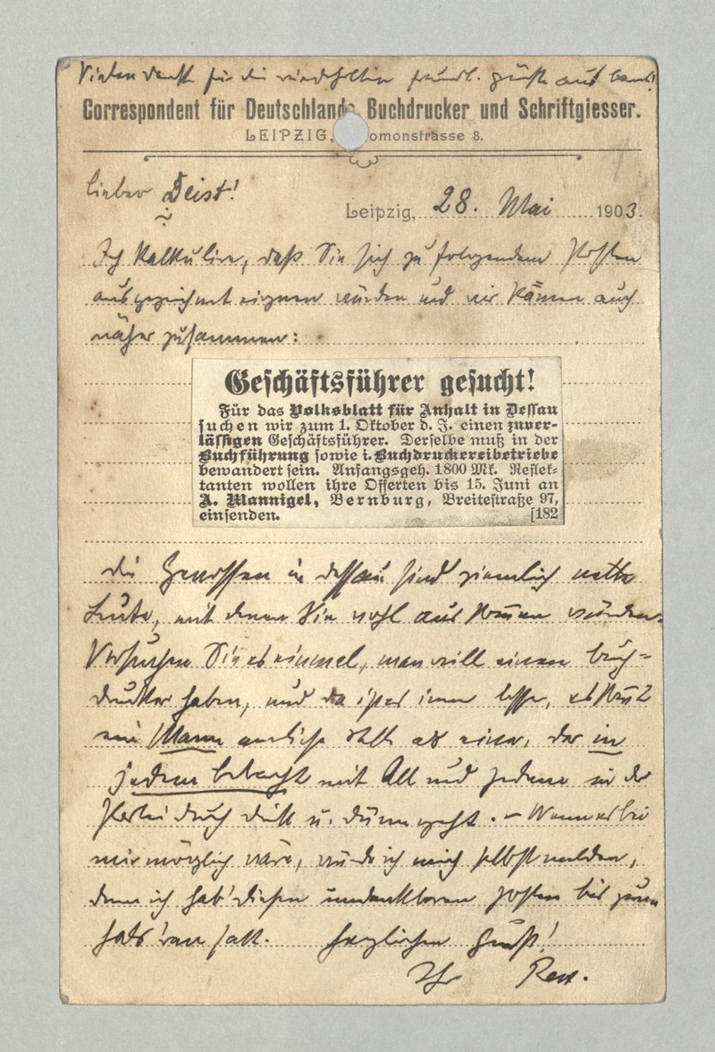 Postkarte von Ludwig Rexhäuser aus Leipzig an Heinrich Deist in Bant vom 28. Mai 1903 (LASA, E 111, Nr. 3)