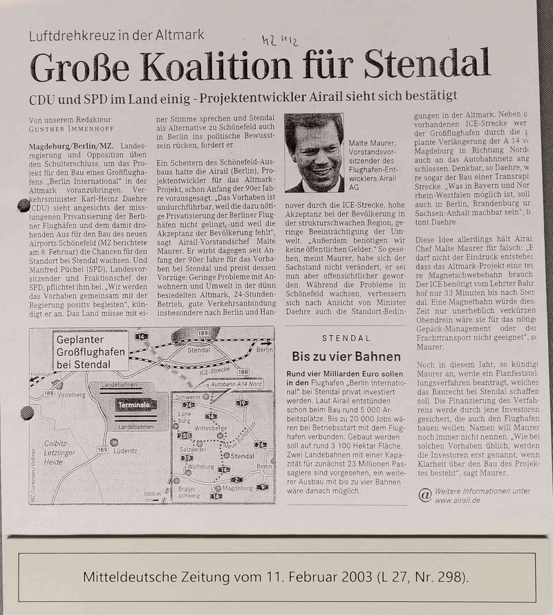 Luftdrehkreuz in der Altmark. Große Koalition für Stendal: CDU und SPD im Land einig - Projektentwickler Airail sieht sich bestätigt. 