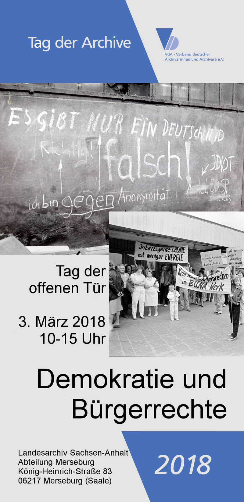 Flyer zum Tag der Archive 2018 am Standort Merseburg - Vorderseite. Klicken zum Vergrößern. Abbildung Flyer zum Tag der Archive 2018 am Standort Merseburg - Vorderseite. Klicken zum Vergrößern.