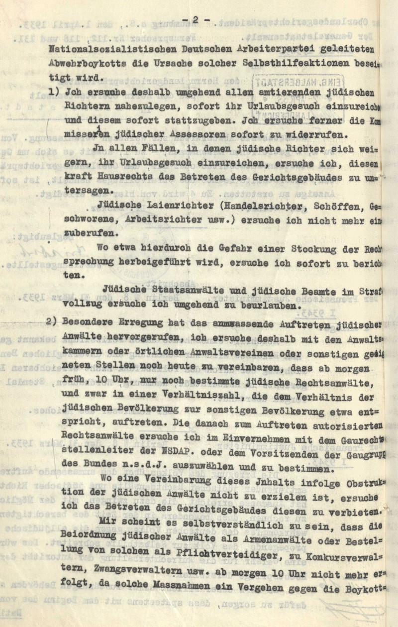 Seite 2 der Abschrift des Erlasses des Reichskommissars für das Preußische Justizministerium vom 31. März 1933 (LASA, C 128 Halberstadt, Nr. 220, Bl. 87 RS)