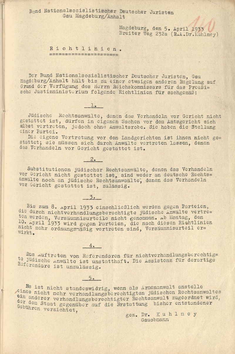 Richtlinie zur Klarstellung der Befugnisse jüdischer Rechtsanwälte, aufgestellt am 5. April 1933 vom Bund Nationalsozialistischer Deutscher Juristen, Gau Magdeburg/Anhalt (LASA, C 128 Halberstadt, Nr. 220, Bl. 110)