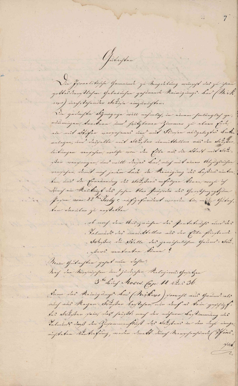 Gutachten des Oberrabbiners Eiger vom 29. August 1828 (LASA, C 20 I, Ia Nr. 2357, Bl. 7 VS)