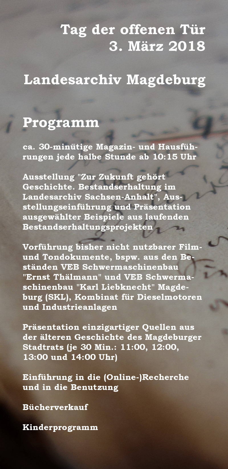 Abbildung Flyer zum Tag der Archive 2018 am Standort Magdeburg - Rückseite. Klicken zum Vergrößern