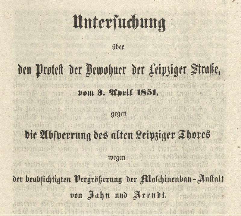 Druckschrift zum Protest der Bewohner der Leipziger Straße vom 3. April 1851