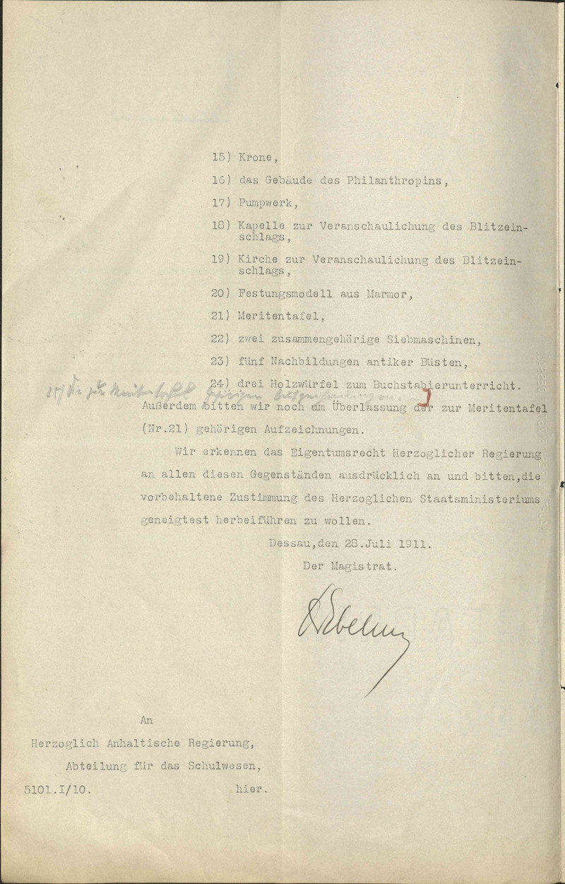 Liste gewünschter Exponate aus der Lehrmittelsammlung des Dessauer Philanthropins vom 28. Juli 1911.